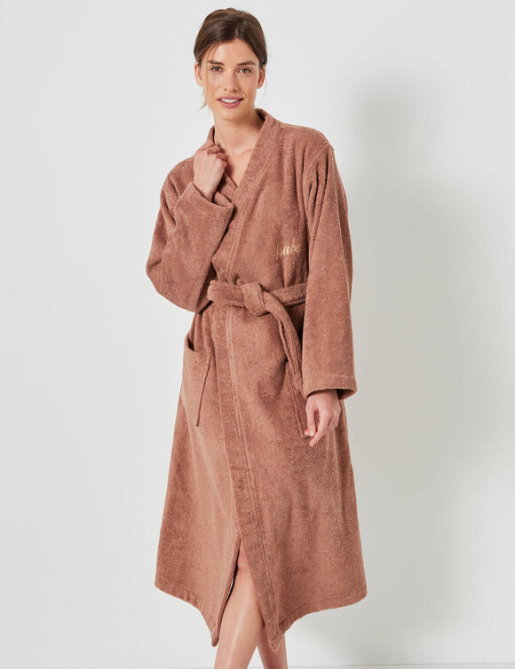 Peignoir mixte adulte uni coton éponge bouclette col kimono personnalisé (châtaigne) Peignoir mixte adulte uni coton éponge bouclette col kimono personnalisé (châtaigne)